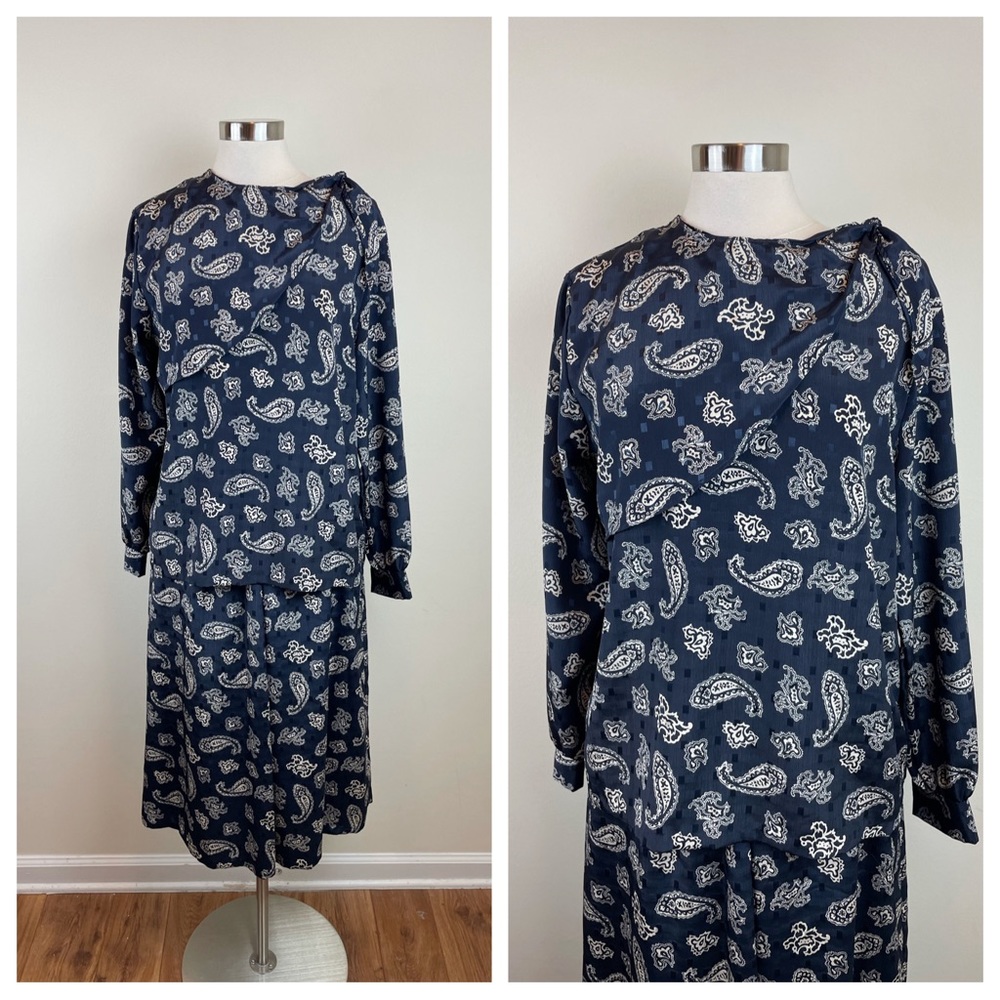 Vintage Russ ILGWU Navy Blue White Paisley 2 Piece Dress Set Women Size 14